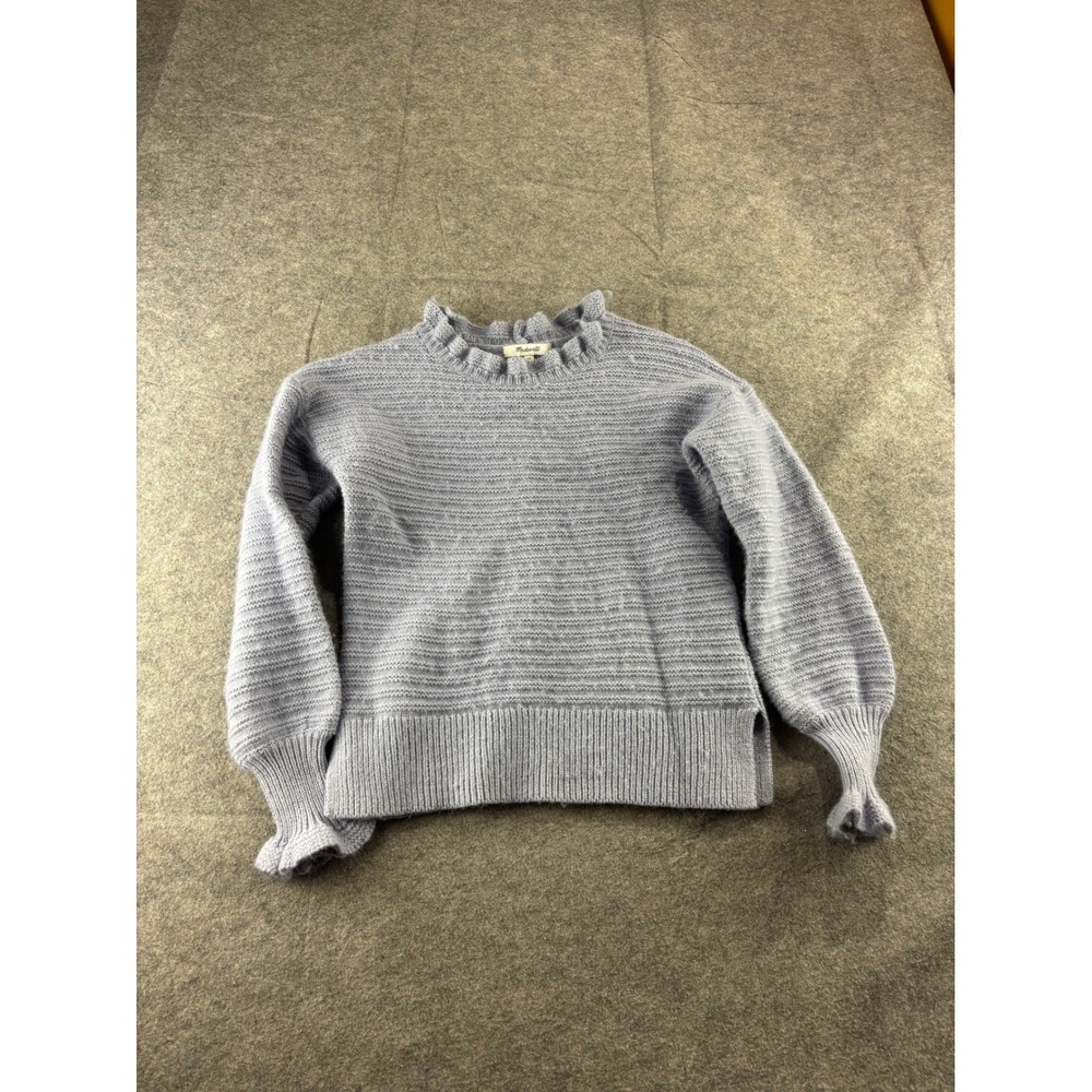 Madewell Ruffle Neck Pullover Sweater Periwinkle Blue Cotton Merino Wool XS